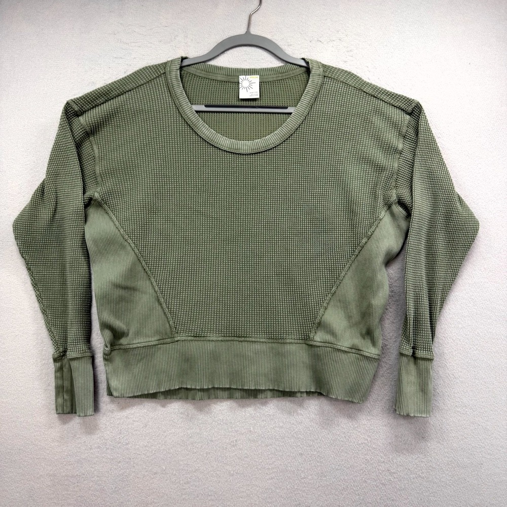 Offline‎ by Aerie Wow Waffle Knit Sweatshirt Womens 2XS Olive Cotton Ribbed Trim